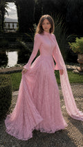 Rosafarbenes Spitzen-Maxikleid mit Schleppenschal