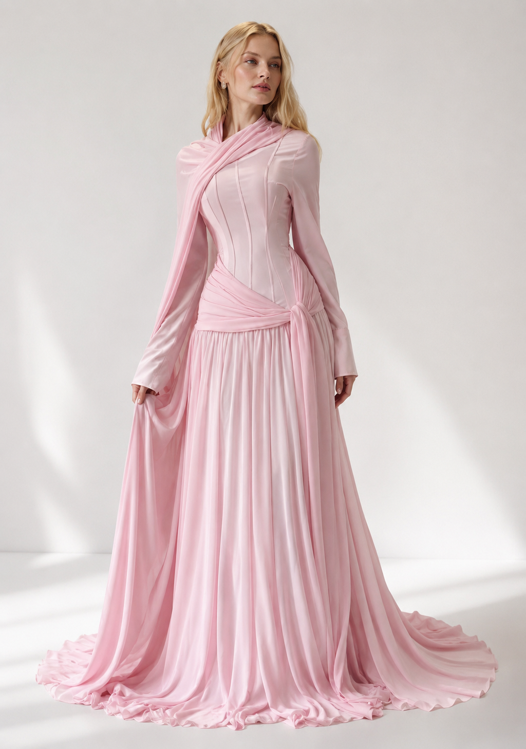 Abendkleid mit drapierter Schulterstola und plissiertem Chiffonrock
