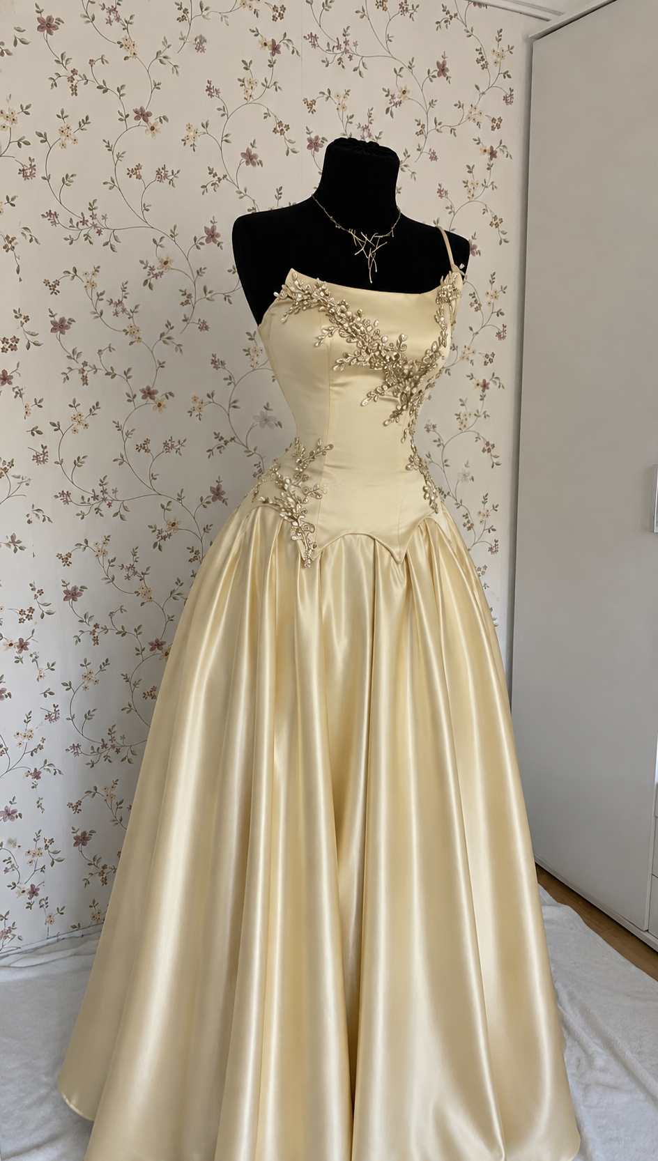 Champagnerfarbenes Satin-Ballkleid mit Perlenstickerei