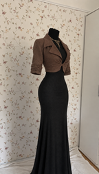 Schwarzes langärmliges Maxikleid mit kurzer brauner Jacke – 2-teiliges Set