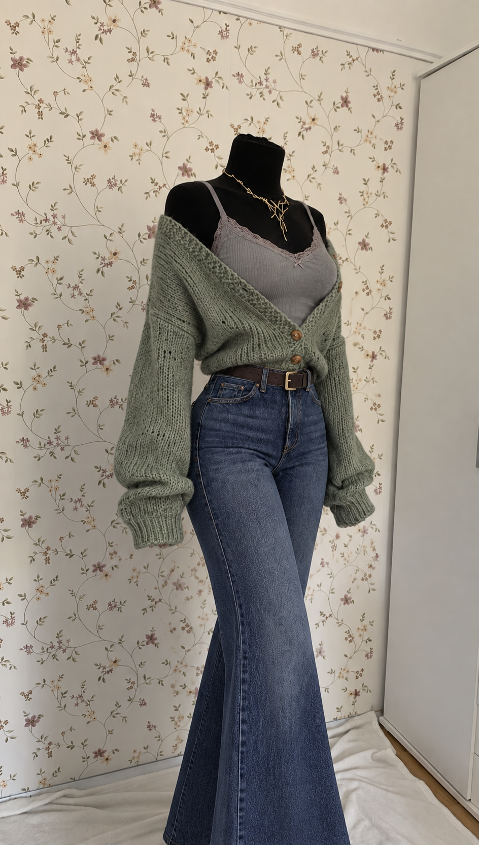 Graues Top mit Schlagjeans, Strickcardigan & Gürtel – 4-teiliges Set