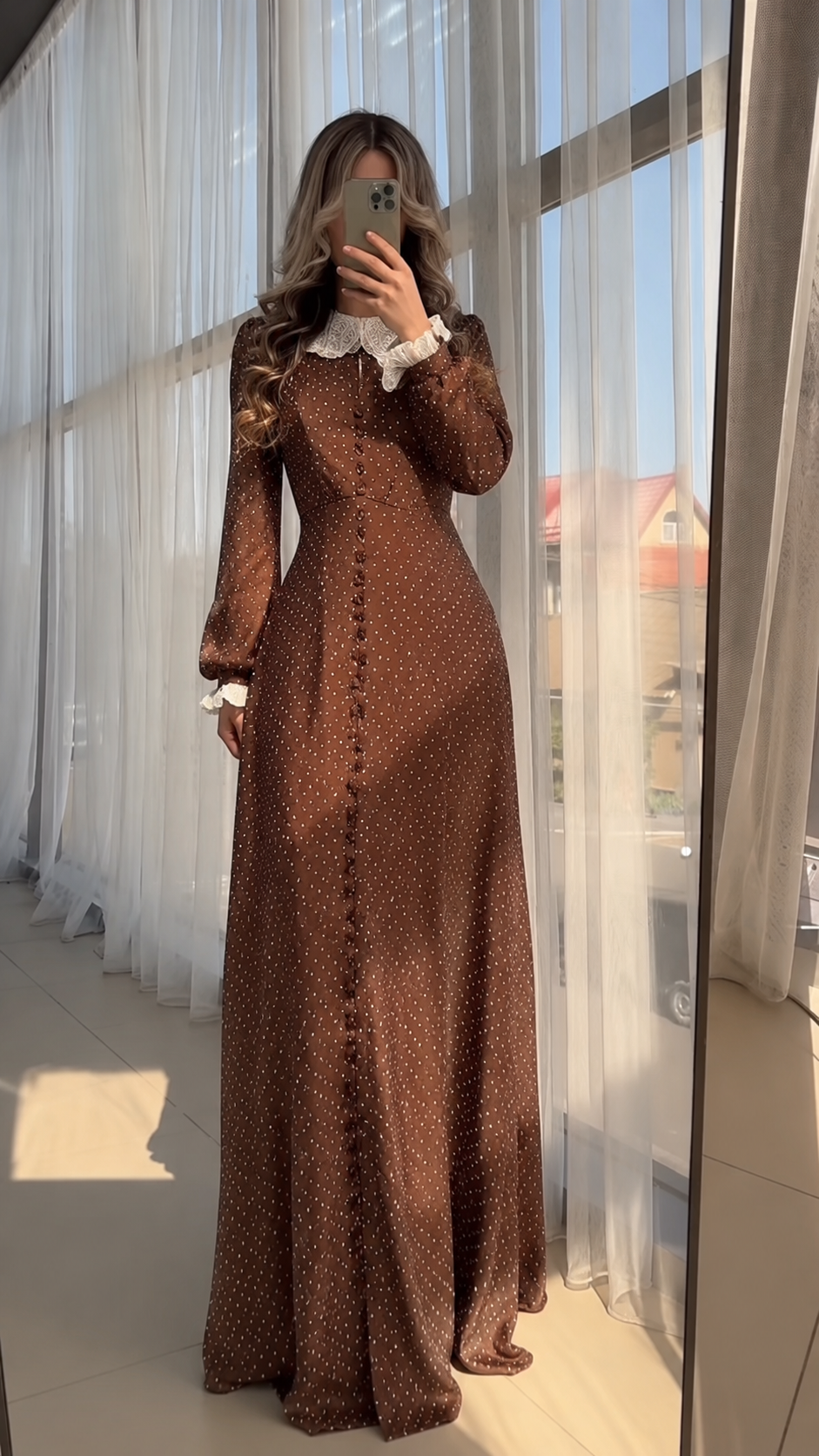 Floor-Length Collared Dress Brown