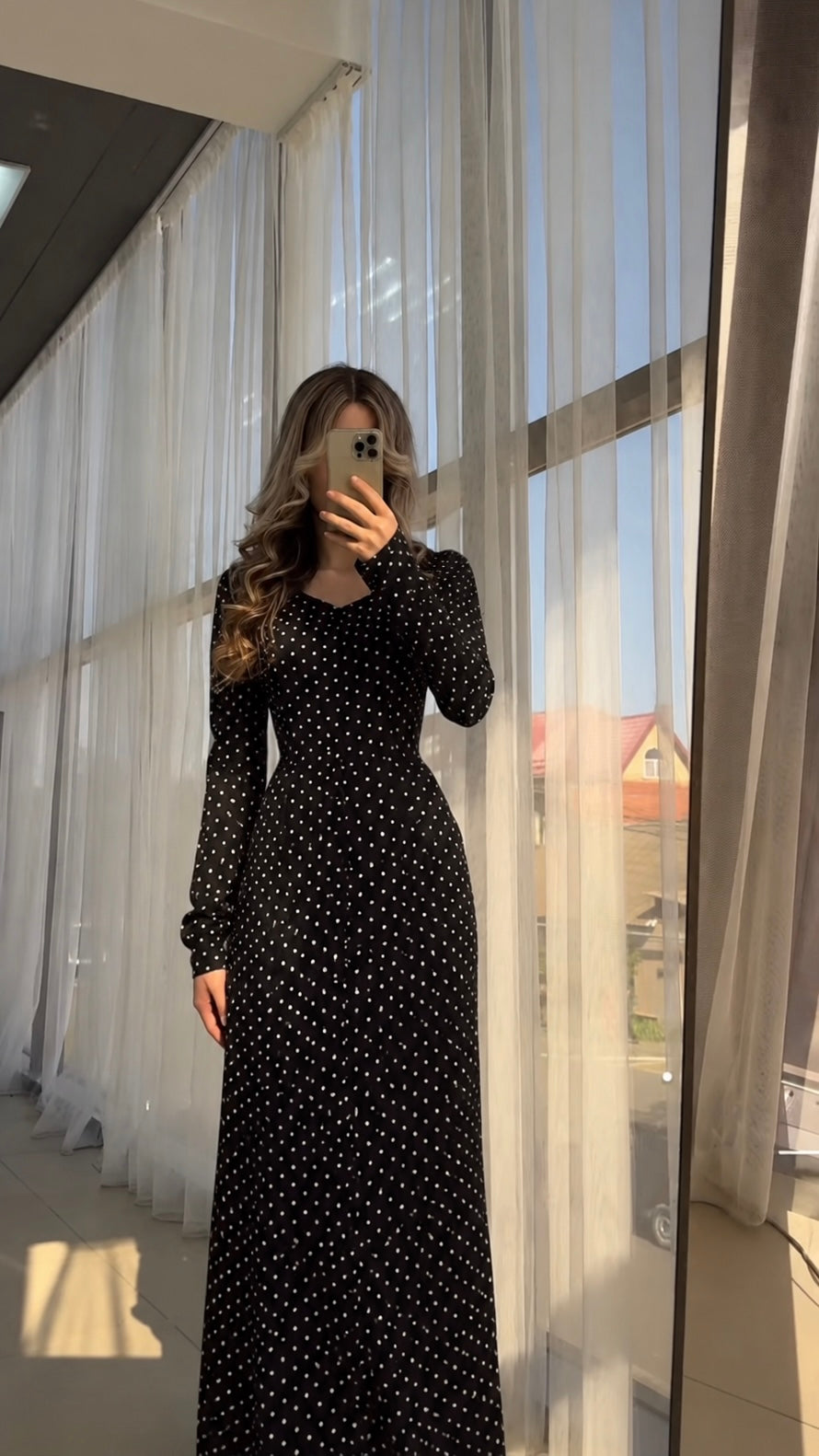 Floor-length Polka Dot Dress Black