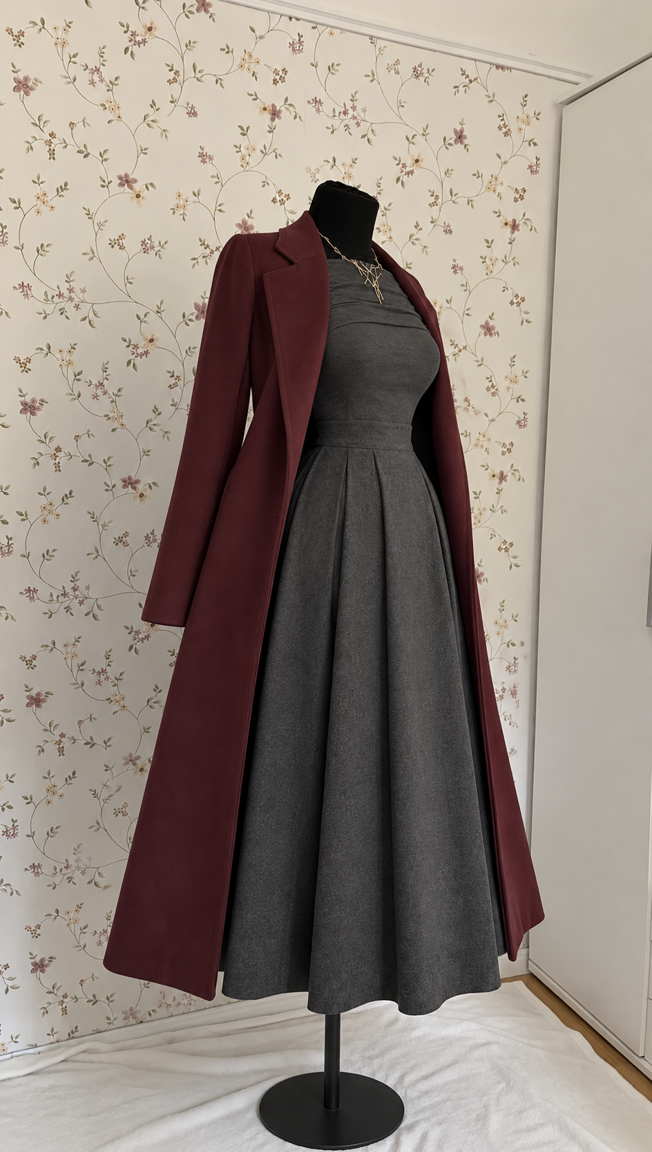 Elegantes graues Langarm-Maxikleid mit bordeauxrotem Mantel