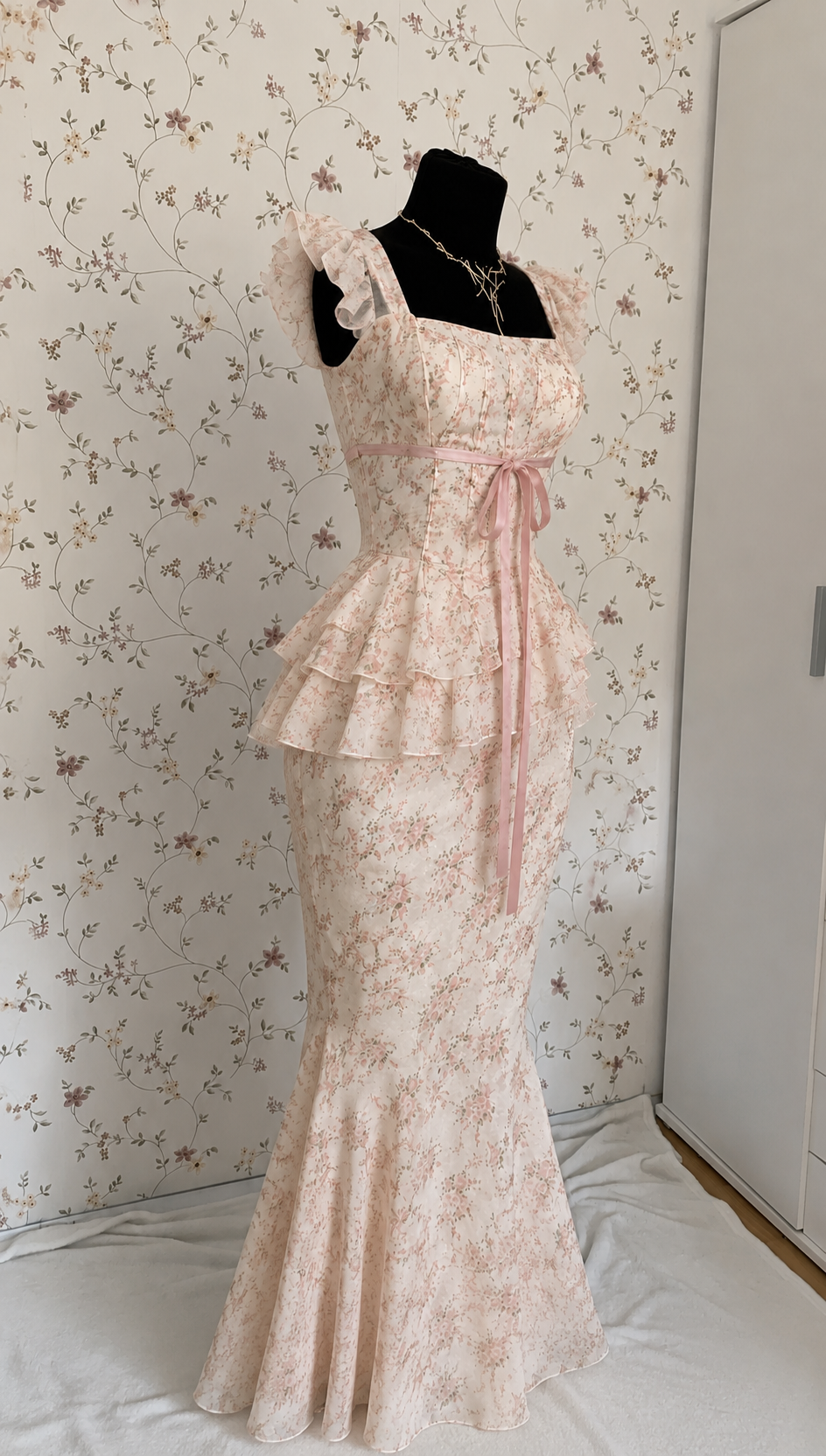 Cremefarbenes Meerjungfrau-Abendkleid mit Blumenmuster
