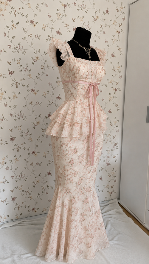 Cremefarbenes Meerjungfrau-Abendkleid mit Blumenmuster