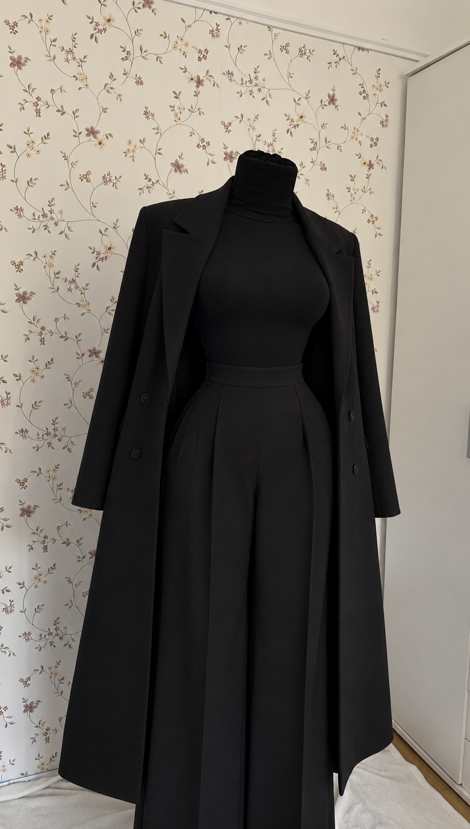 Elegantes 3-teiliges schwarzes Outfit mit Anzugshose & Mantel