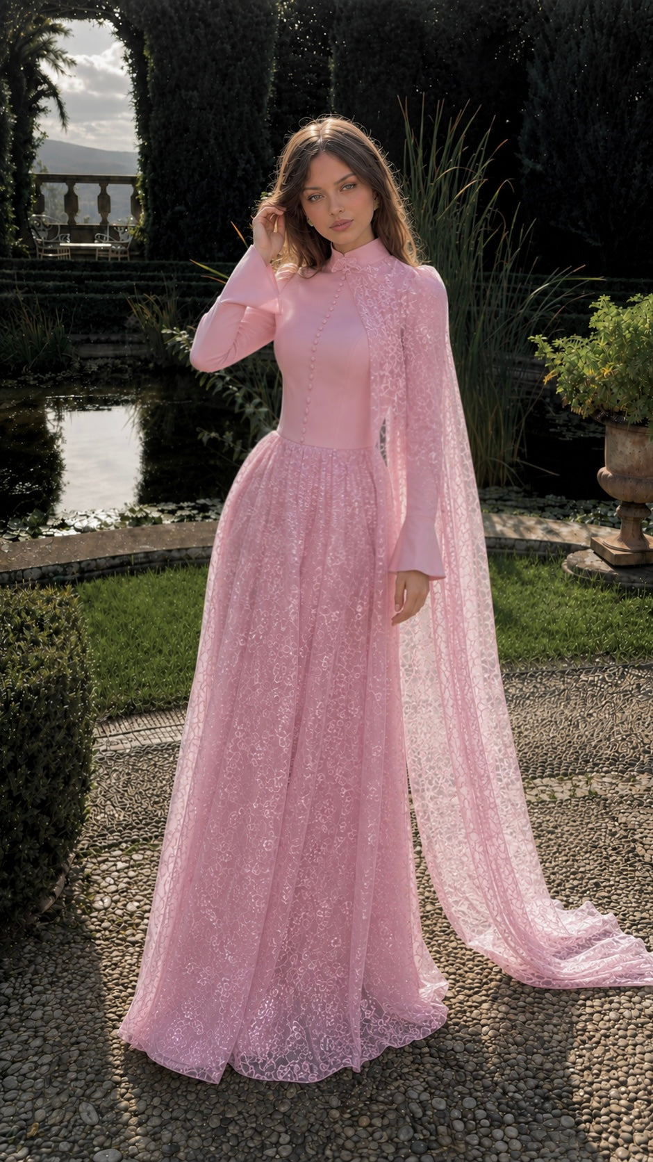 Rosafarbenes Spitzen-Maxikleid mit Schleppenschal