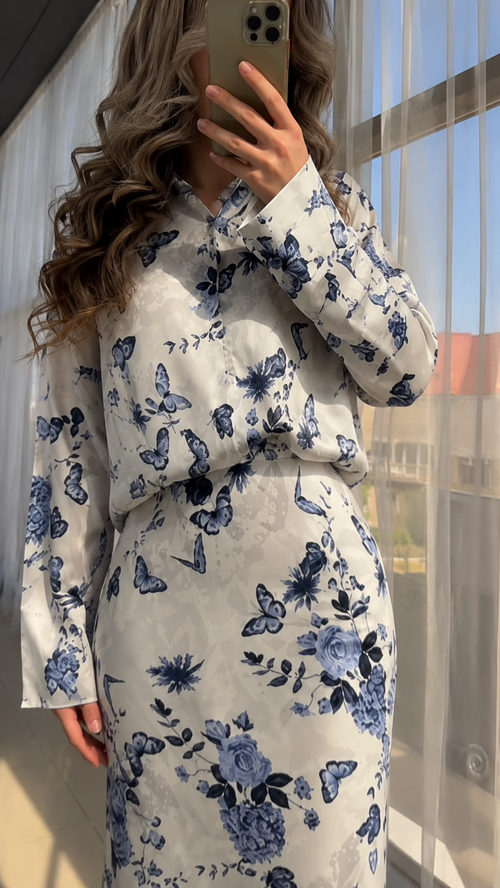 Floor-length Floral Dress White/Blue